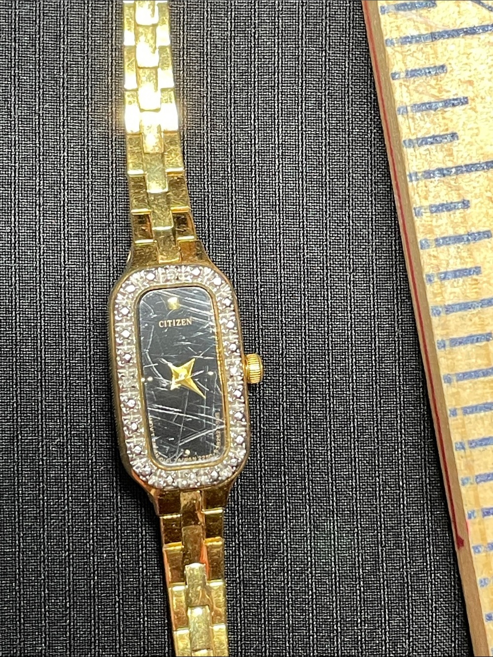 Citizen Gold Bracelet Watch with Black Dial and Crystal Bezel